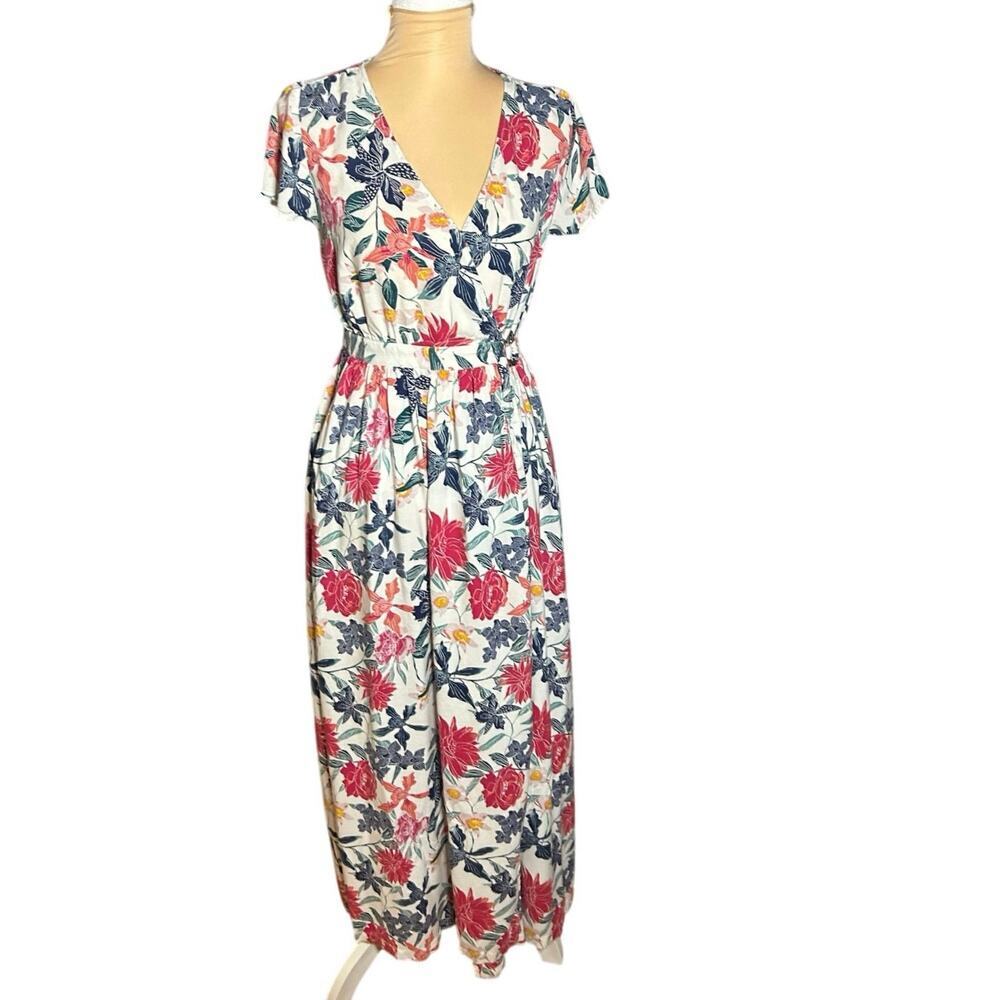 Roxy Floral Tropical Short Sleeve Maxi Wrap Dress Boho Pockets Cottagecore Sz 4